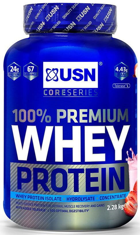Prōṭina gum̐ṛō USN 100% Whey Protein Premium jahoda se smetanou 2.28kg